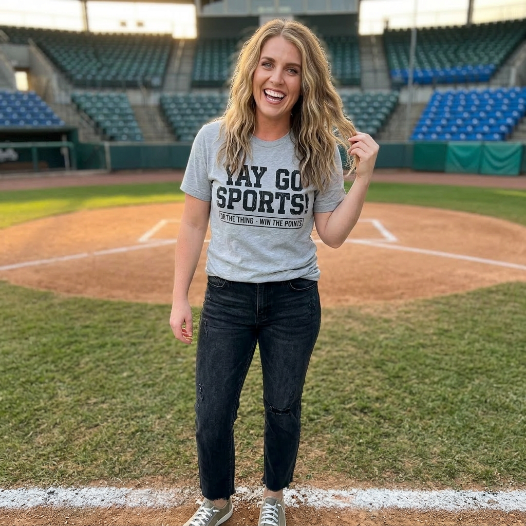 Woman wearing a 'Yay Go Sports!' t-shirt on a baseball field
