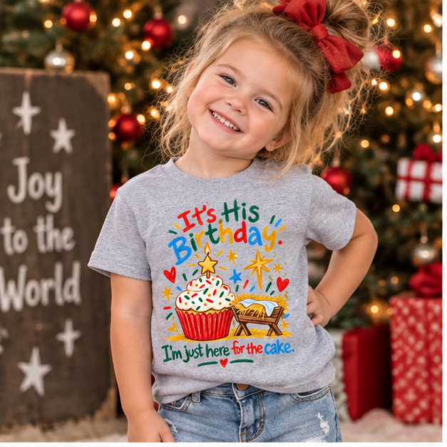 Toddler girl wearing It's His Birthday I'm just here for the cake tee