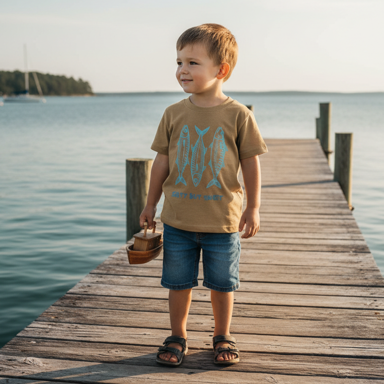 Child standing on a wooden dock by a lake, holding a basket