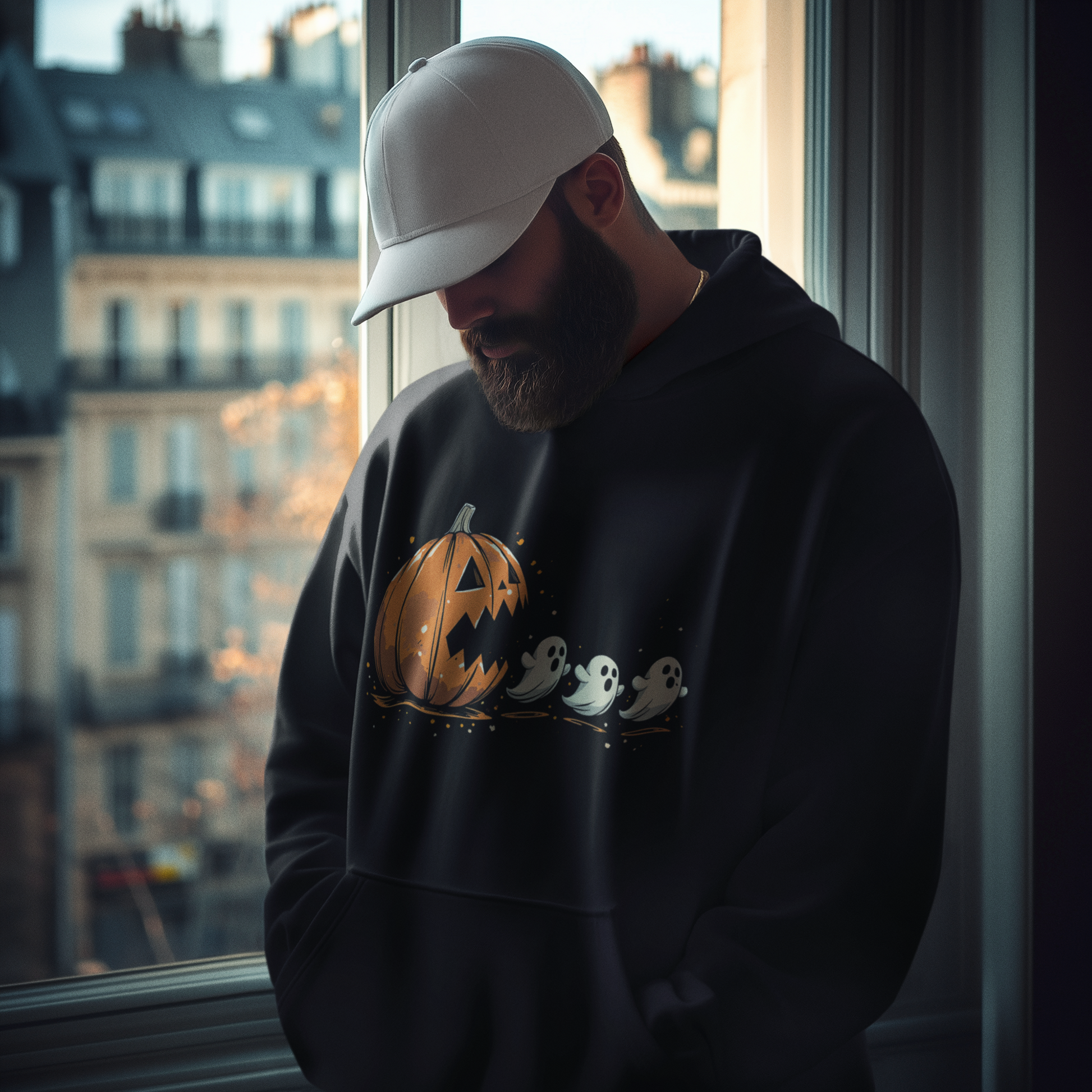 Bearded man wearing a black hoodie with a Halloween graphic of a jack-o’-lantern chasing three cartoon ghosts, standing by a window in an urban apartment setting