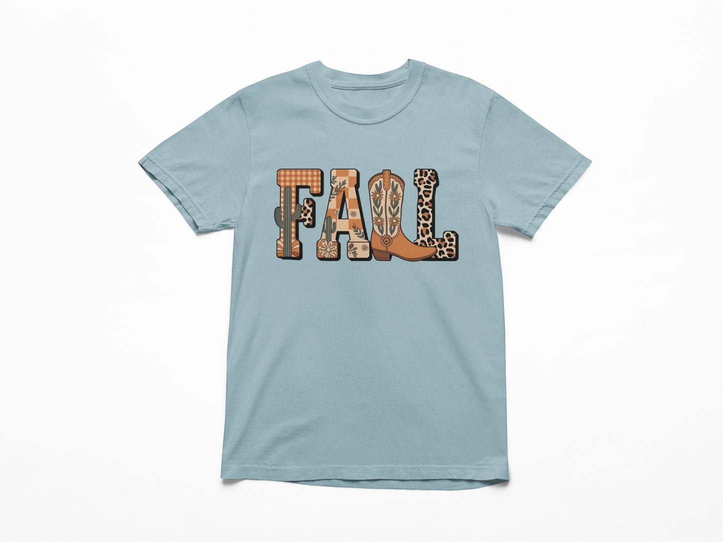 Tea-Shirt Shoppe blue Comfort Colors 1717 t-shirt featuring a western-style FALL graphic with boots and cactus print