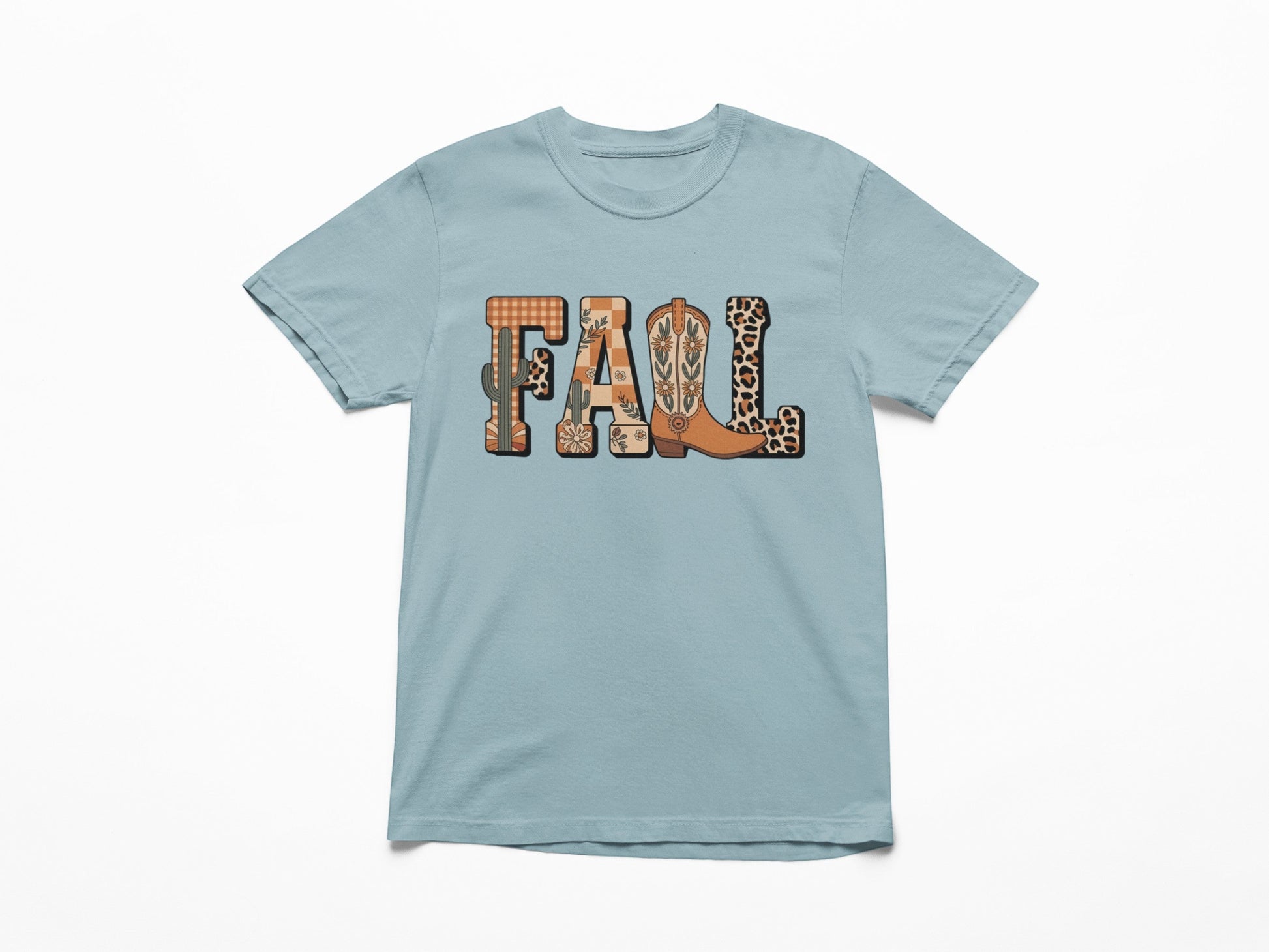 Tea-Shirt Shoppe blue Comfort Colors 1717 t-shirt featuring a western-style FALL graphic with boots and cactus print