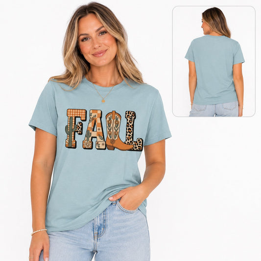 Tea-Shirt Shoppe Comfort Colors 1717 blue graphic t-shirt featuring a fall-themed cowboy boot and cactus design.