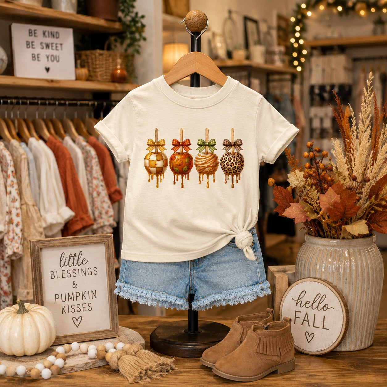 Tea-Shirt Shoppe cream youth tee featuring four decorated caramel apple graphics with bows on a rustic fall display.