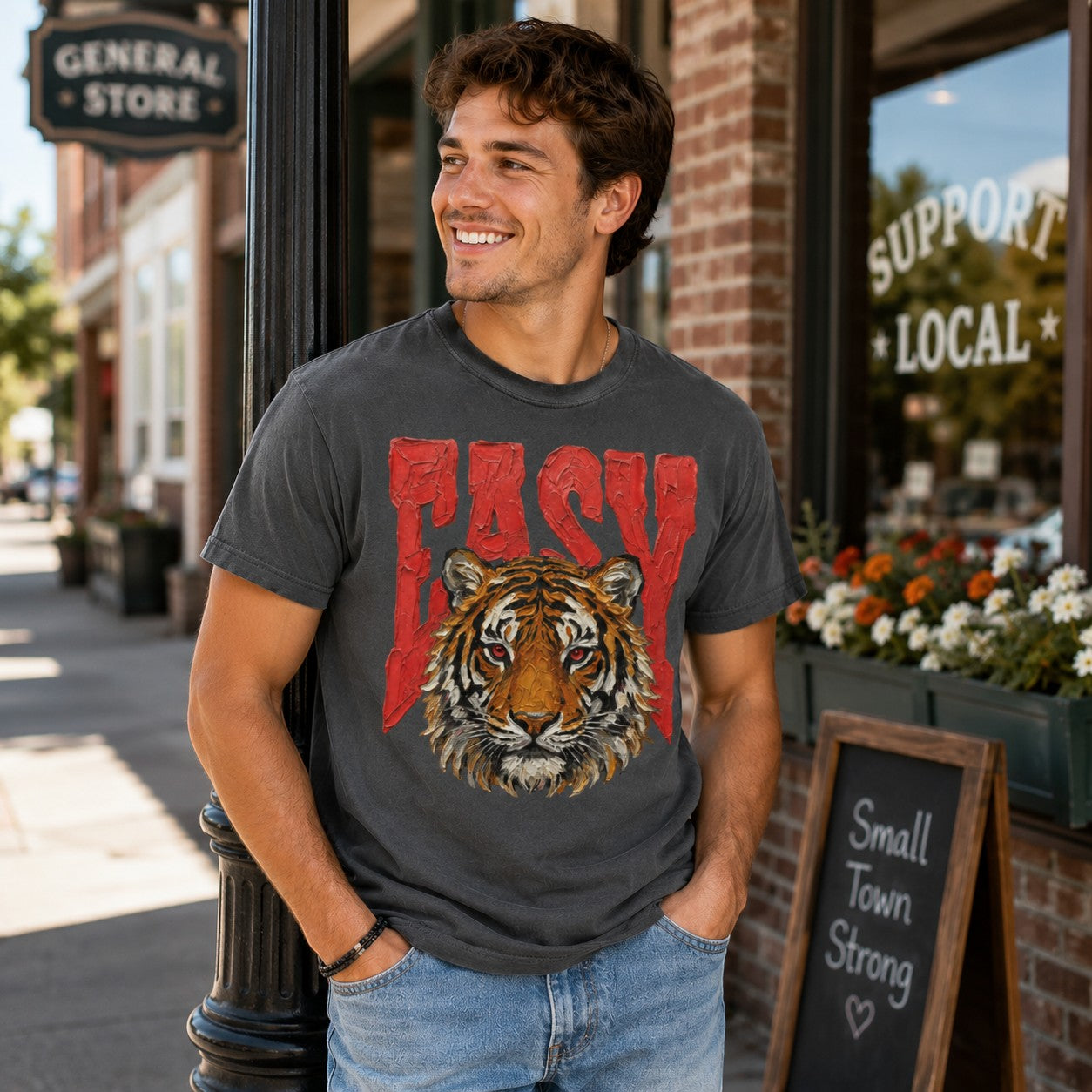 Tea-Shirt Shoppe heavy weight faded black graphic tee featuring a tiger and Easy text worn by a smiling man outdoors