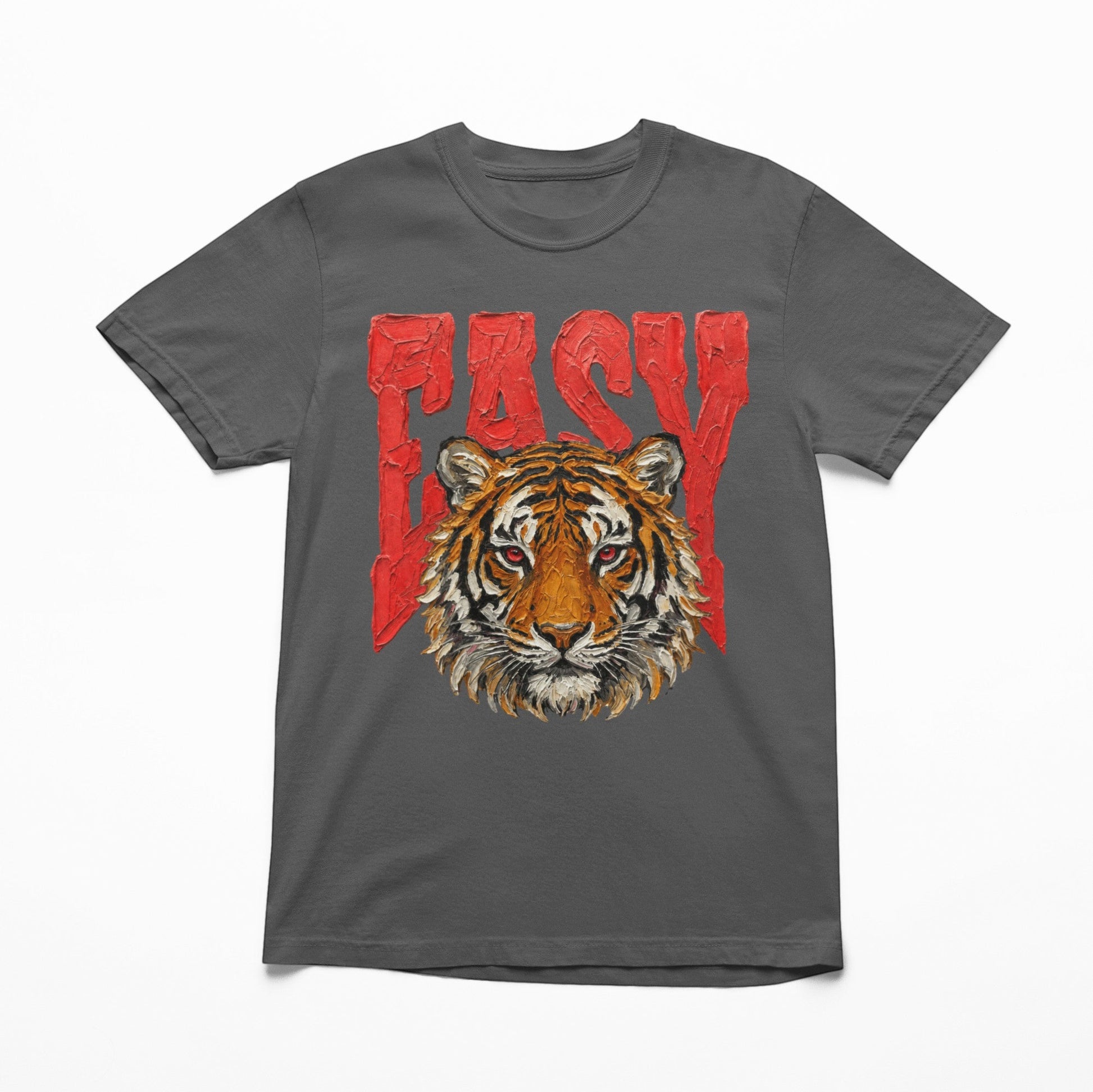 Tea-Shirt Shoppe faded black heavy weight adult graphic tee featuring a painted tiger head and red Easy text.