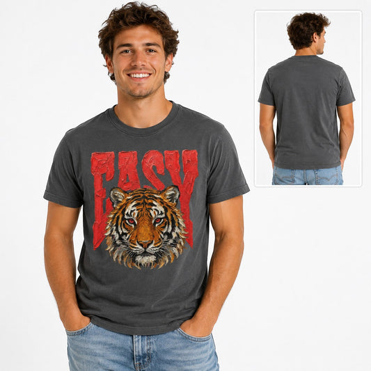 Tea-Shirt Shoppe faded black heavy weight cotton graphic tee with Easy Tiger print worn by a smiling man