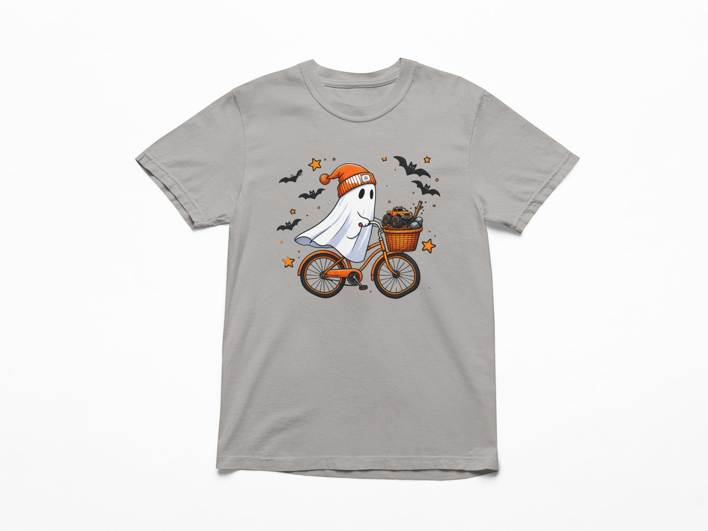 Tea-Shirt Shoppe heather gray youth tee with a ghost in an orange beanie riding a bicycle with toy trucks