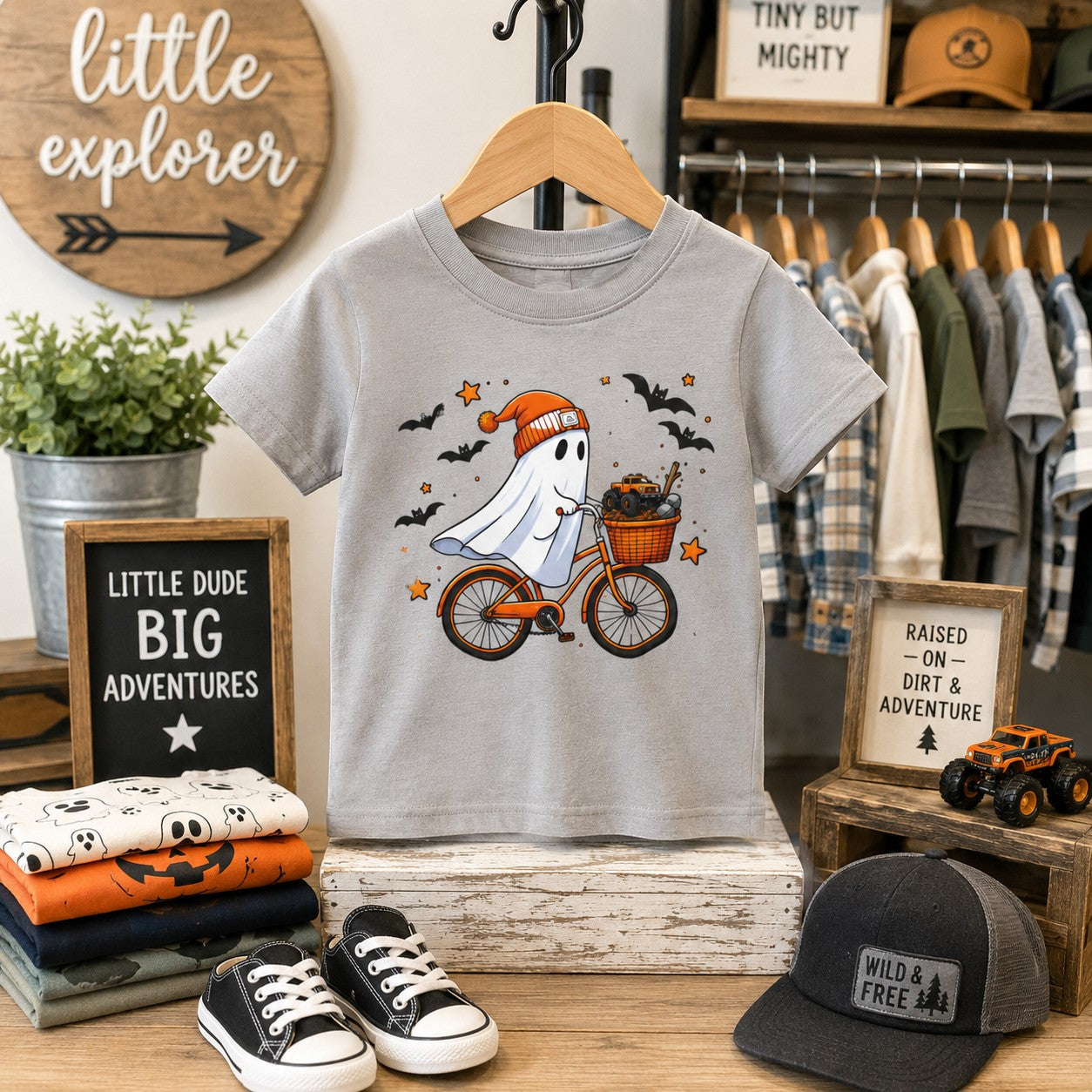 Tea-Shirt Shoppe heather gray toddler graphic tee featuring a ghost in an orange beanie riding a bicycle with trucks.