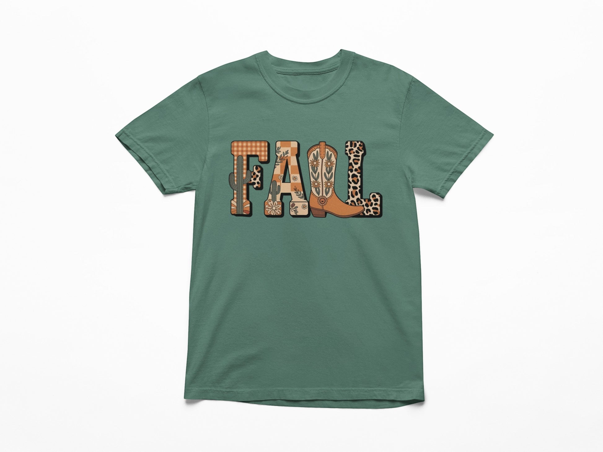 Tea-Shirt Shoppe Comfort Colors 1717 green graphic t-shirt featuring a fall-themed design with cowboy boots