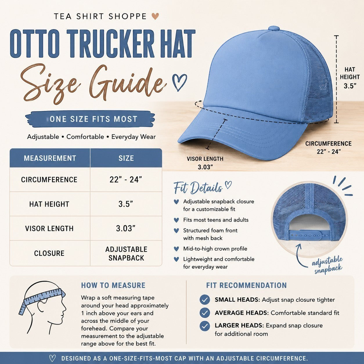 Tea Shirt Shoppe light blue trucker hat with "Oh Honey, I am That Mom" text, mesh back, and adjustable snap closure.