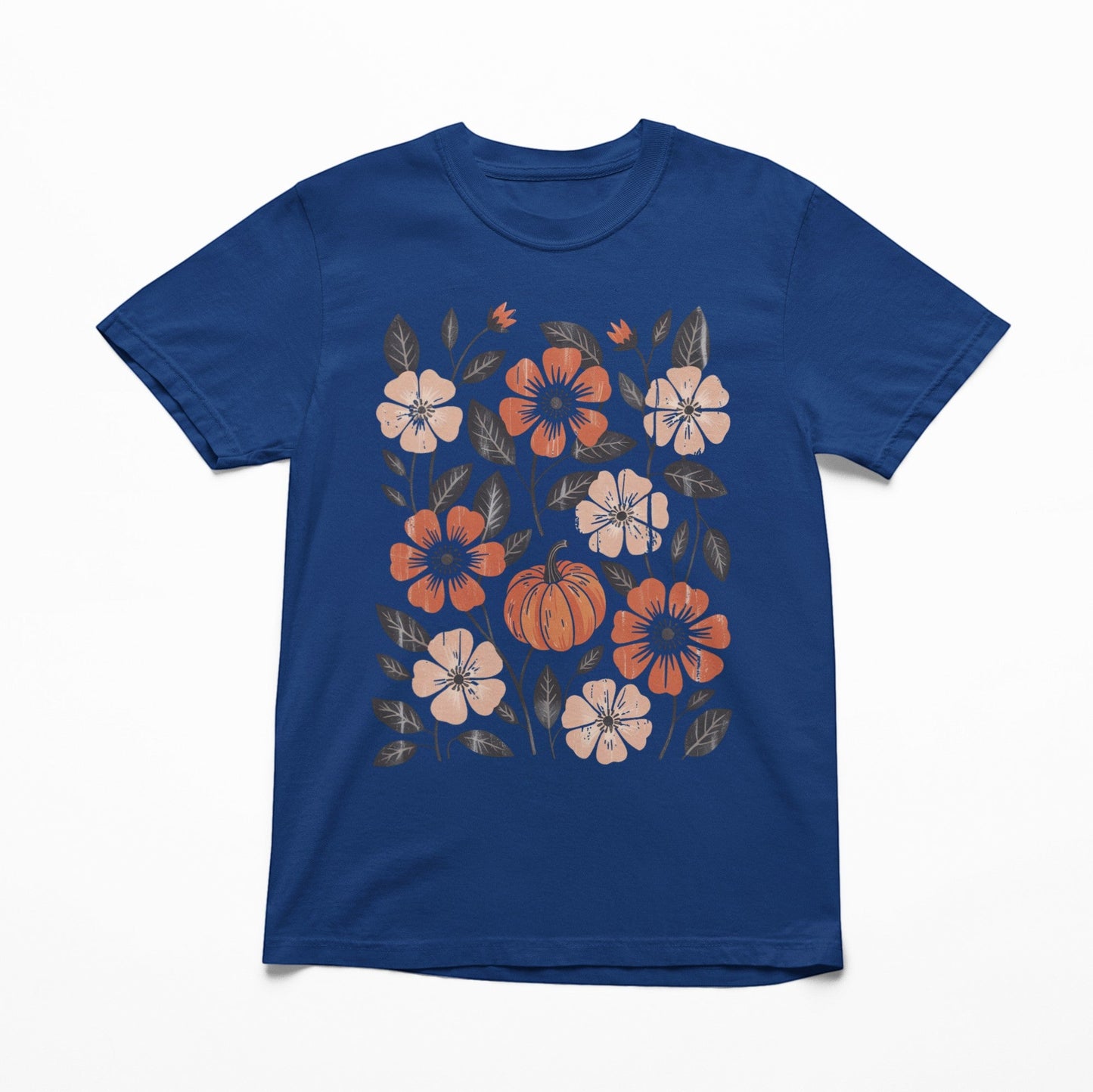 Tea-Shirt Shoppe adult graphic tee in navy blue featuring a floral and pumpkin autumn print in orange and cream.