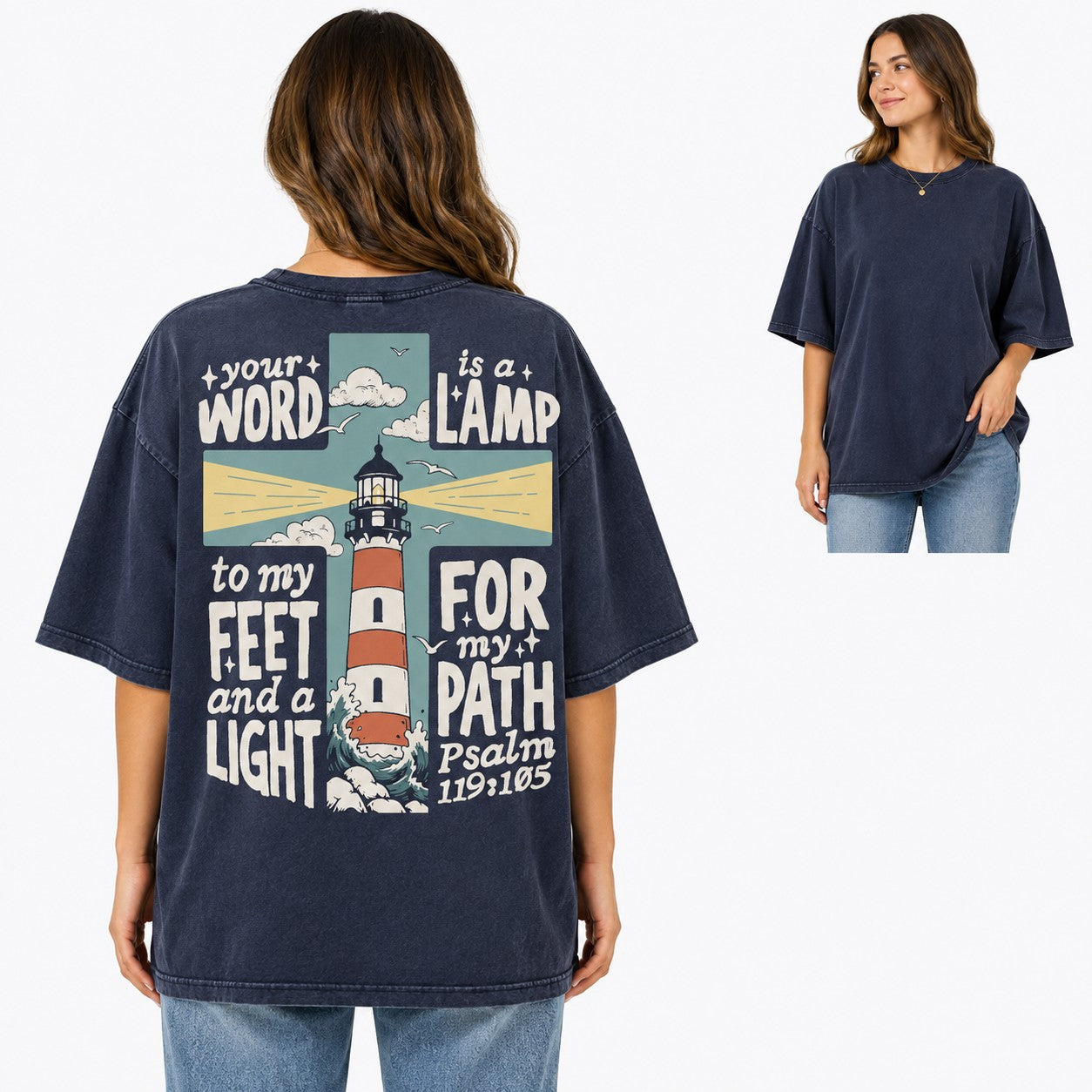 Tea-Shirt Shoppe navy graphic tee with a lighthouse and Psalm 119:105 scripture print on the back on a woman