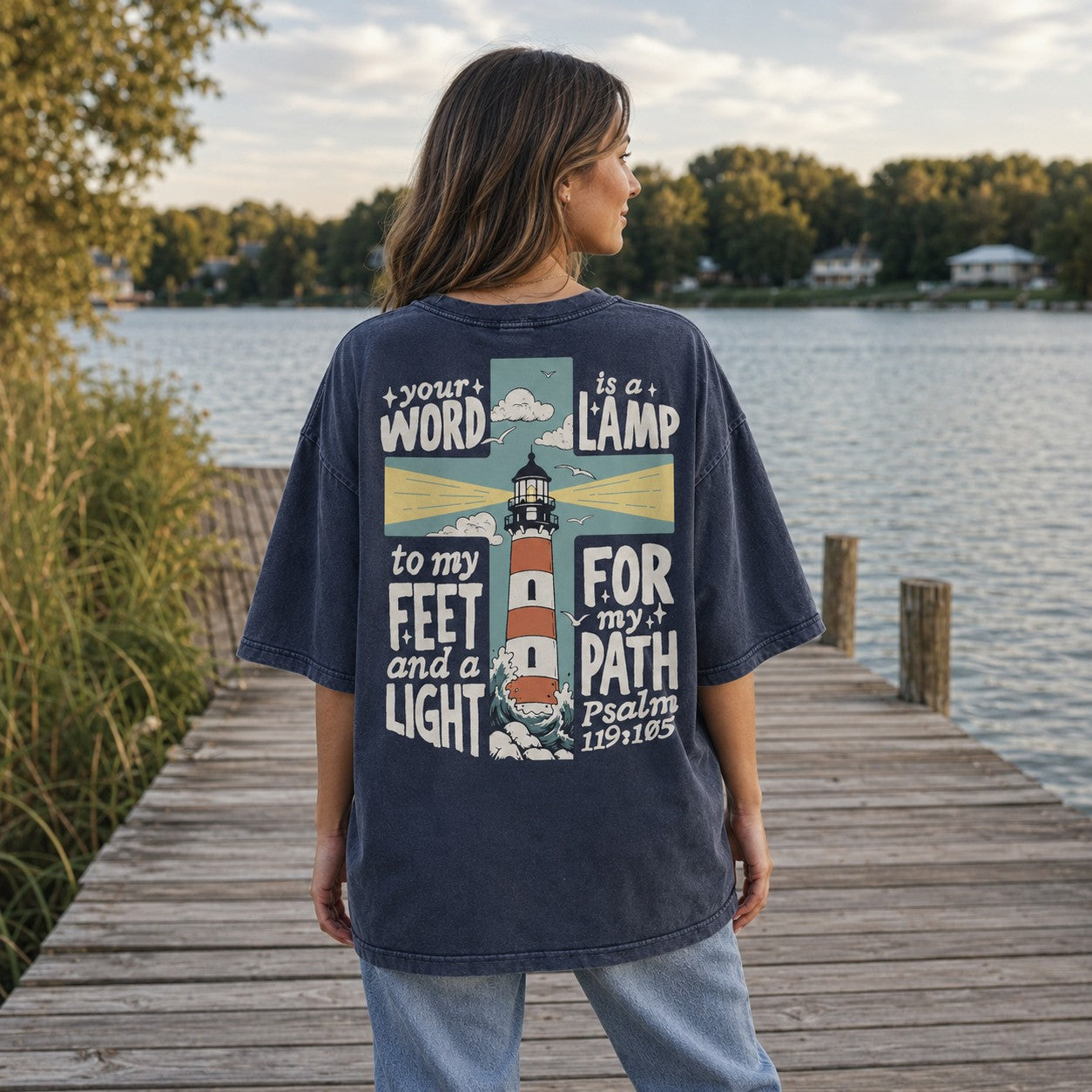 Woman wearing a Tea-Shirt Shoppe navy graphic tee with a lighthouse and Psalm 119:105 scripture on the back