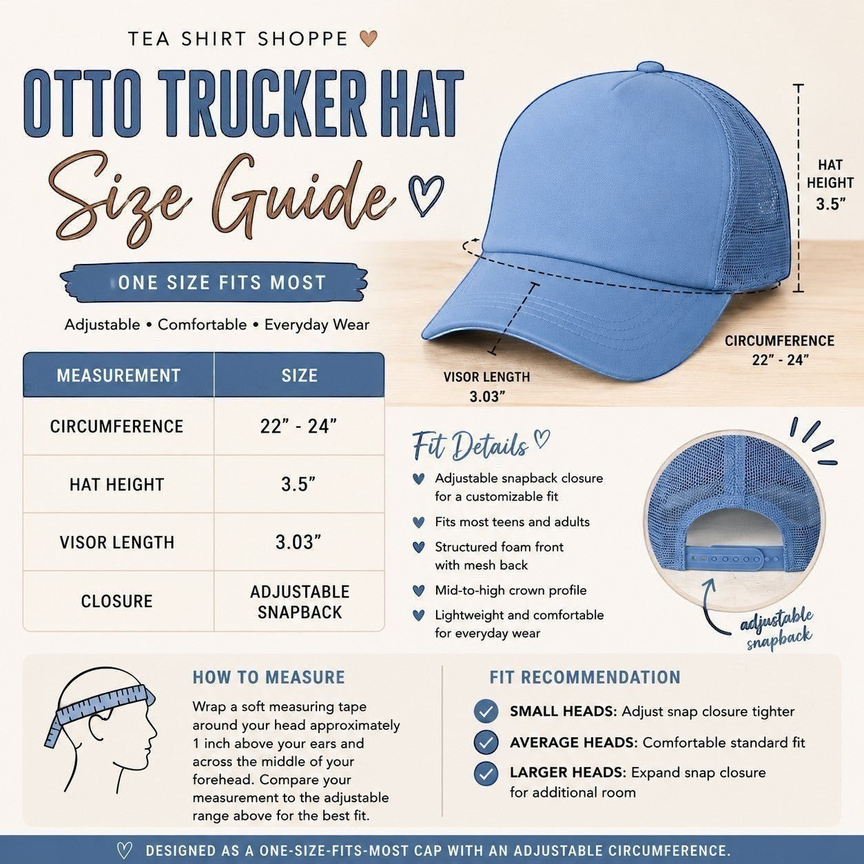 Tea Shirt Shoppe Otto Trucker Hat size guide with a light blue mesh back trucker hat.