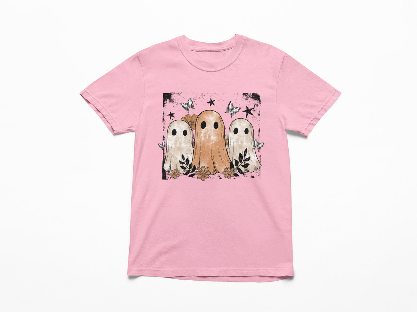 Tea-Shirt Shoppe pink youth graphic tee featuring vintage ghosts, flowers, stars, and butterflies in a square print.
