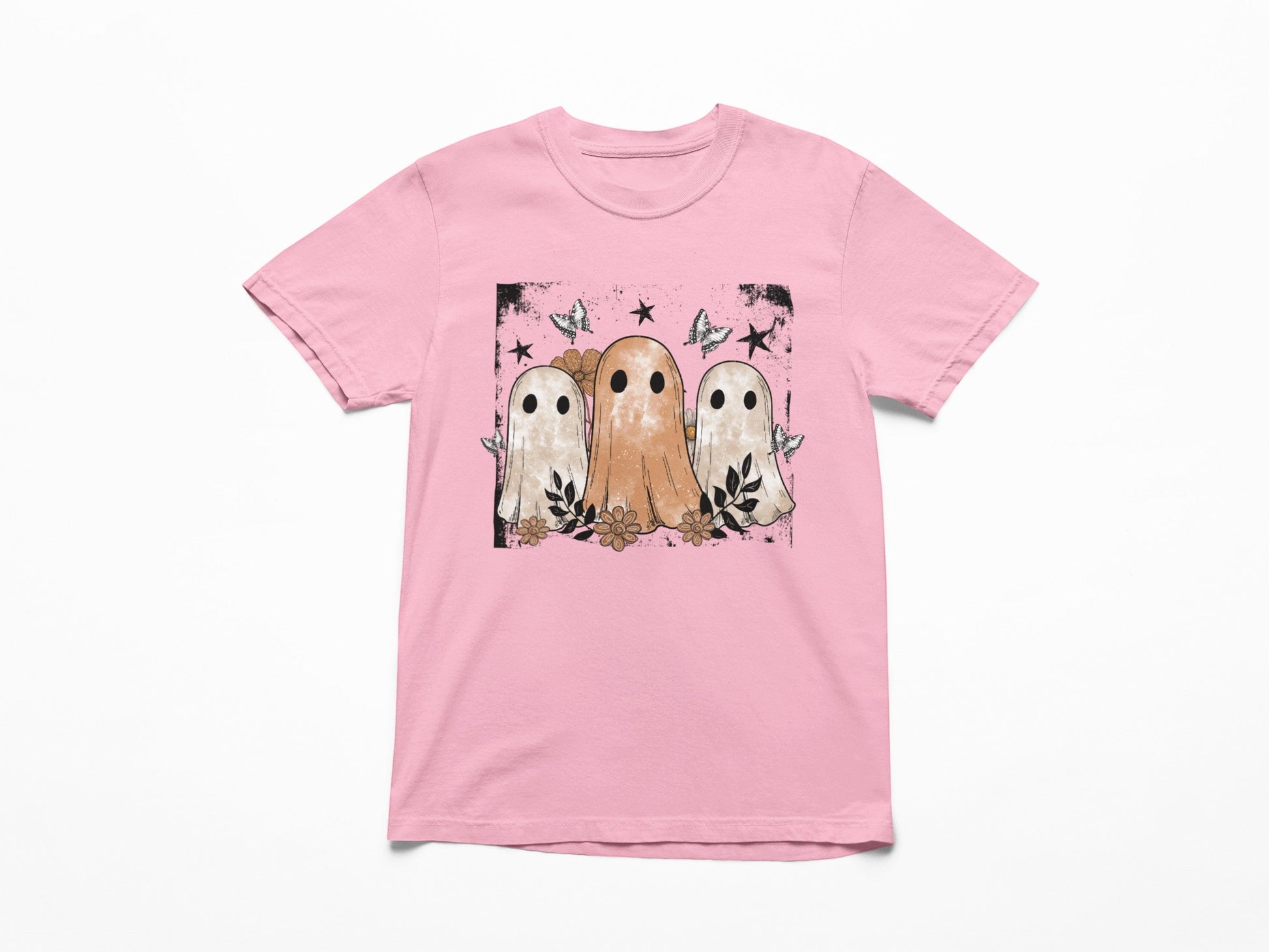 Tea-Shirt Shoppe pink youth graphic tee featuring vintage ghosts, flowers, stars, and butterflies in a square print.