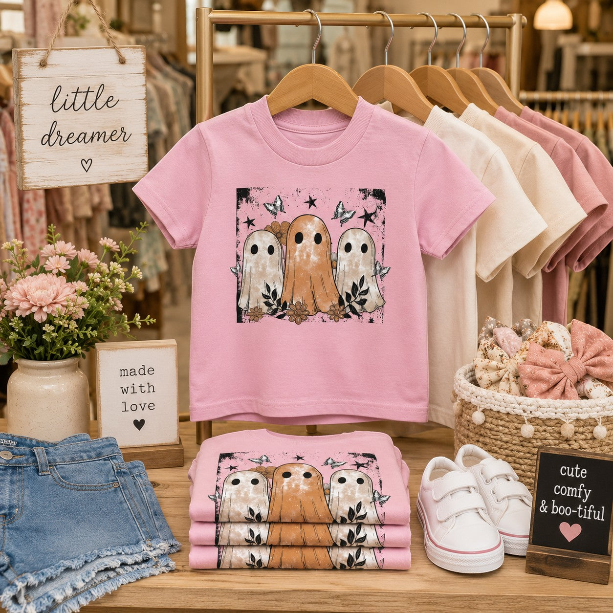 Tea-Shirt Shoppe pink youth graphic tee featuring vintage girl ghosts, butterflies, and flowers on a wooden display.