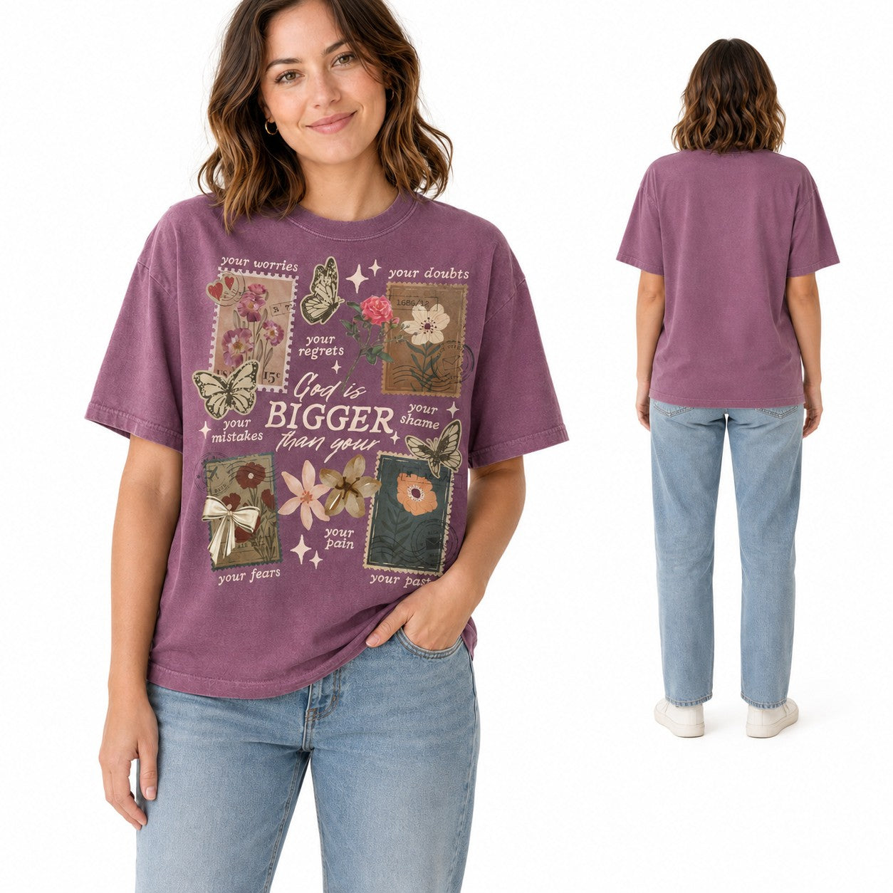 Tea-Shirt Shoppe vintage-style purple cotton graphic tee with floral and butterfly illustrations and faith message.