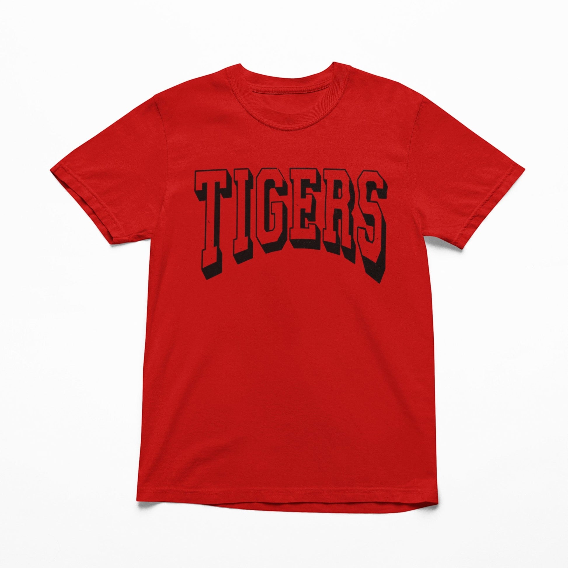 Tea-Shirt Shoppe red Gildan 3000 adult graphic t-shirt featuring black arched TIGERS text