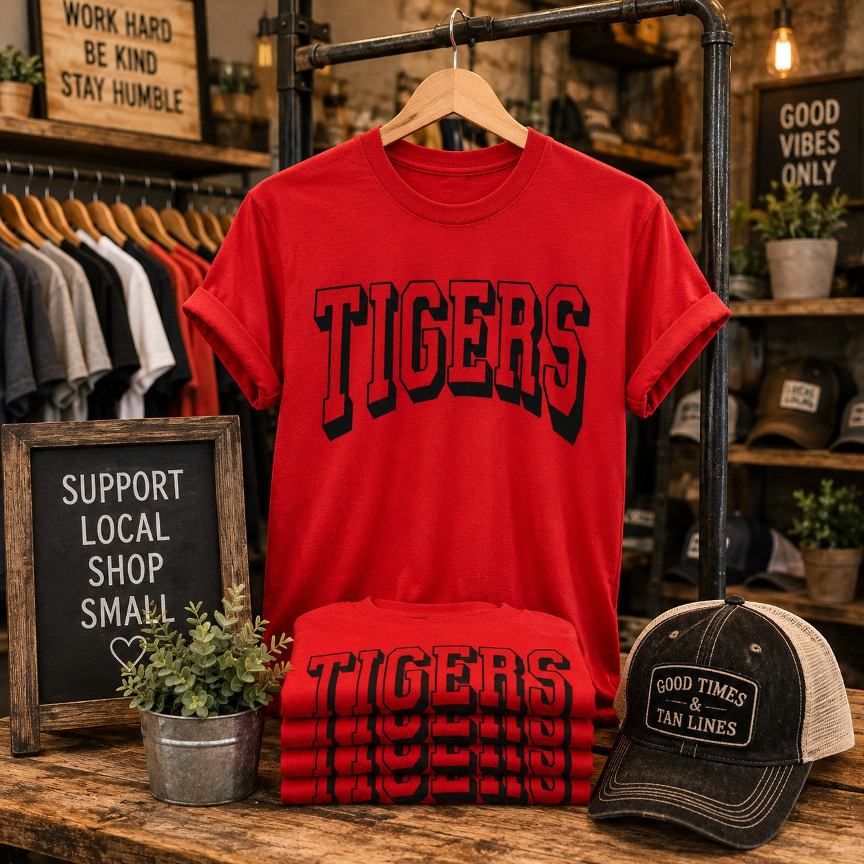 Tea-Shirt Shoppe red Gildan 3000 graphic tee with black Tigers text displayed on a wooden rack.