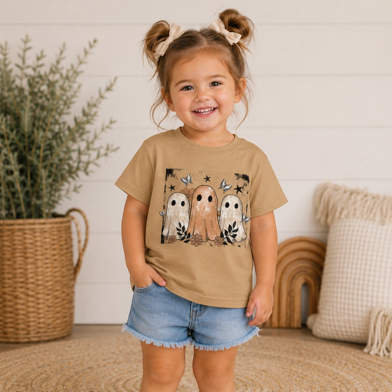 Toddler girl wearing a Tea-Shirt Shoppe tan graphic tee featuring vintage ghosts, flowers, and butterflies.
