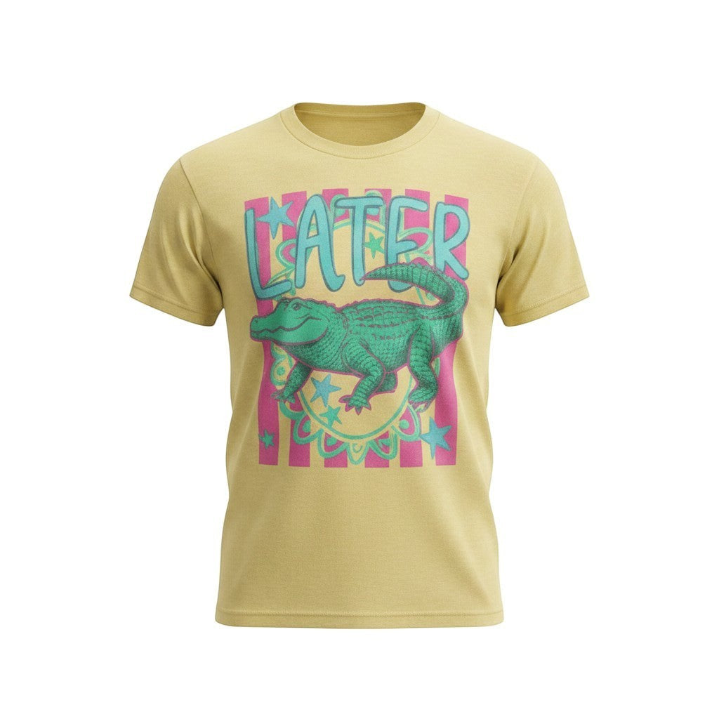 Tea Shirt Shoppe Wholesale yellow 100% cotton adult graphic tee with a green alligator and "Lator" text.