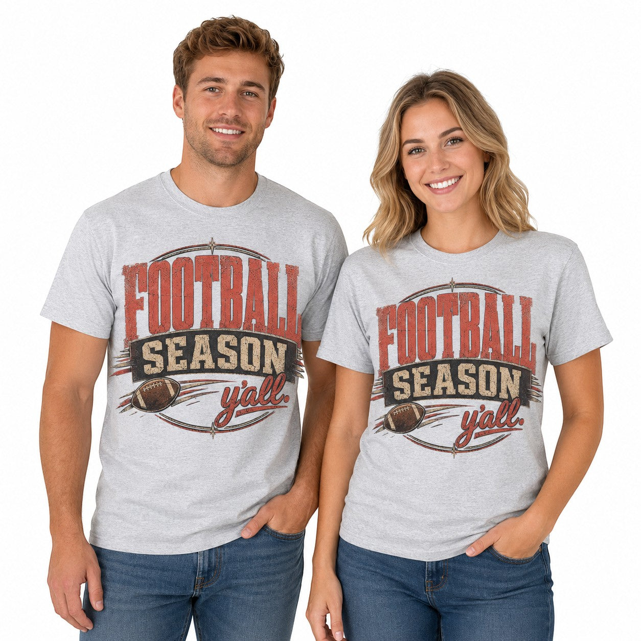 Tea Shirt Shoppe Wholesale ash grey Gildan graphic tee featuring a distressed red and black Football Season y'all print