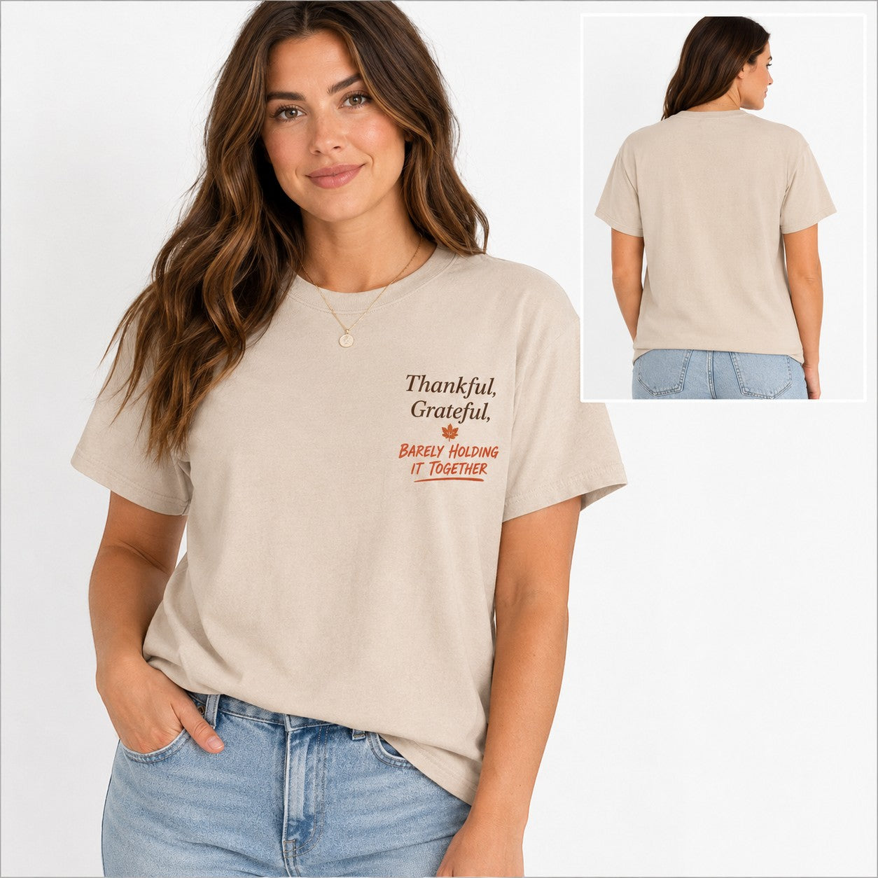 Tea Shirt Shoppe Wholesale beige Gildan graphic tee with Thankful Grateful Barely Holding it together text