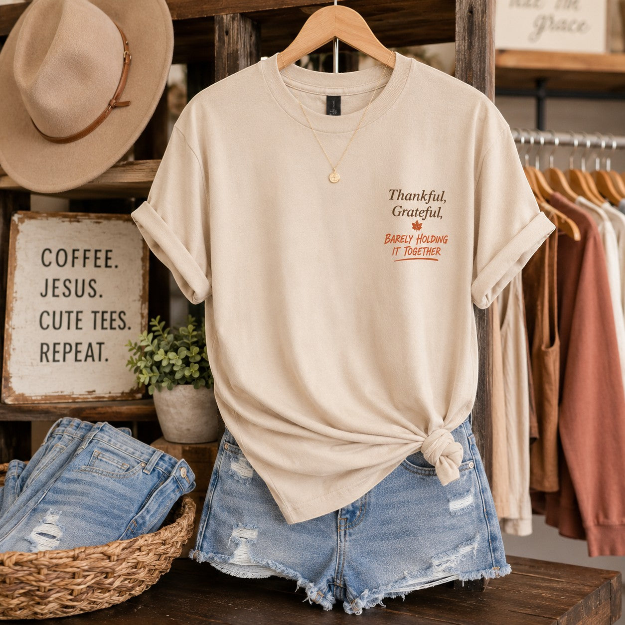 Tea Shirt Shoppe Wholesale beige graphic tee with Thankful Grateful Barely Holding it together text on chest