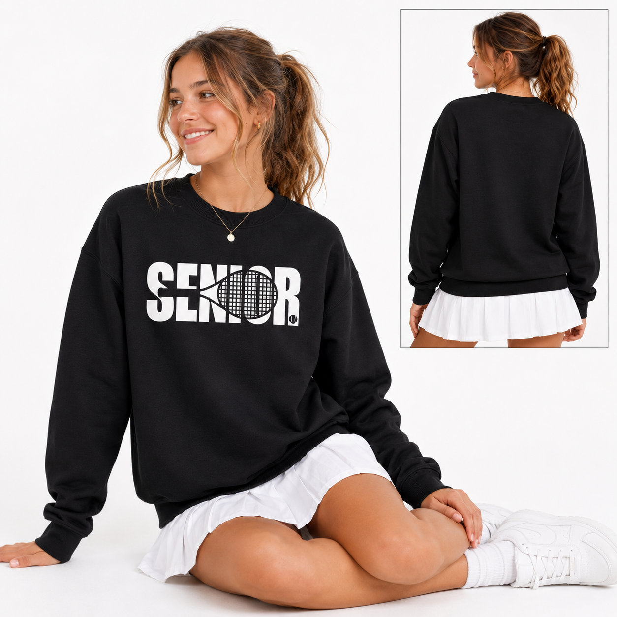 Tea Shirt Shoppe Wholesale black crewneck sweatshirt with white Senior tennis graphic worn by a smiling woman