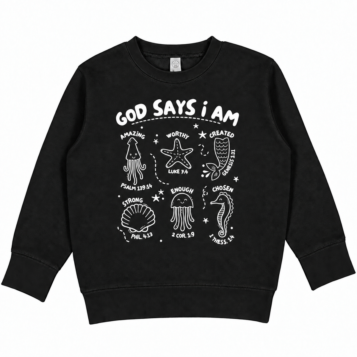 Tea Shirt Shoppe Wholesale black toddler sweatshirt with white ocean creature illustrations and faith-based text.