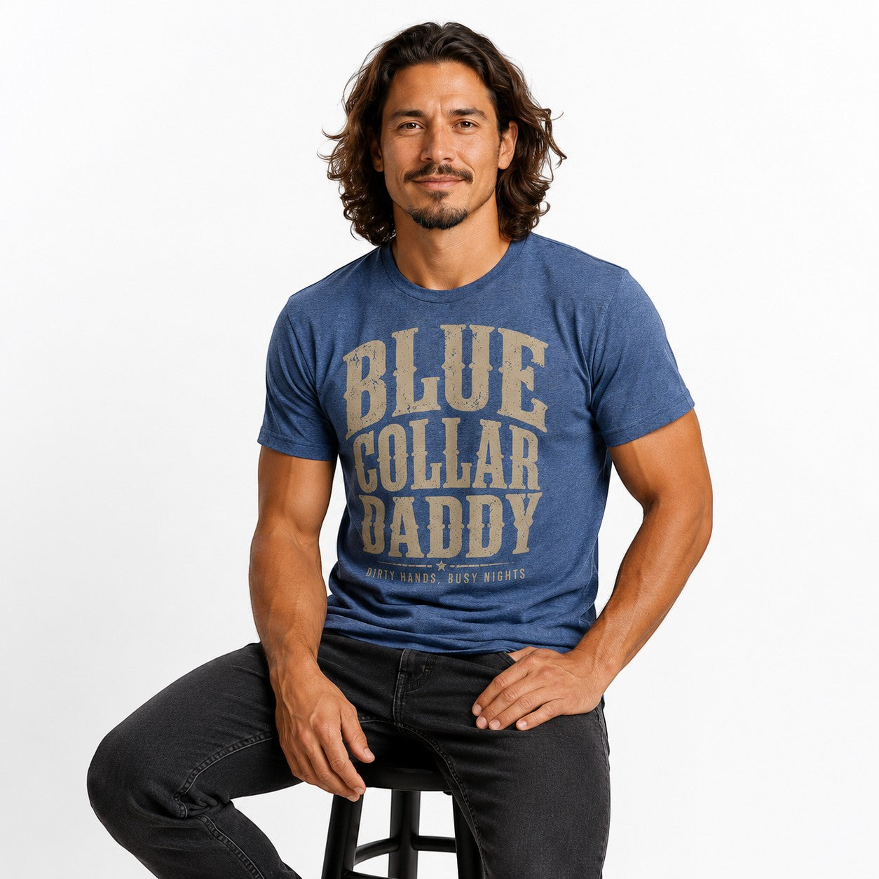 Tea Shirt Shoppe Wholesale blue heather graphic tee with "BLUE COLLAR DADDY" and "DIRTY HANDS. BUSY NIGHTS."