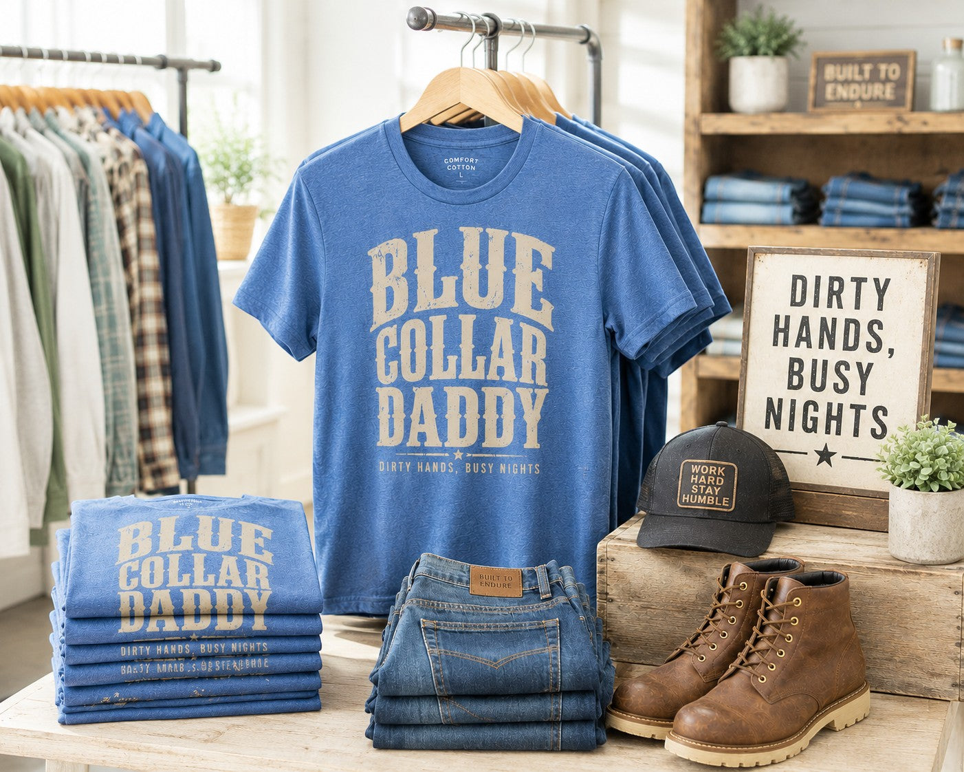 Tea Shirt Shoppe Wholesale blue short-sleeve graphic tee with "BLUE COLLAR DADDY" text and "DIRTY HANDS, BUSY NIGHTS" slogan.