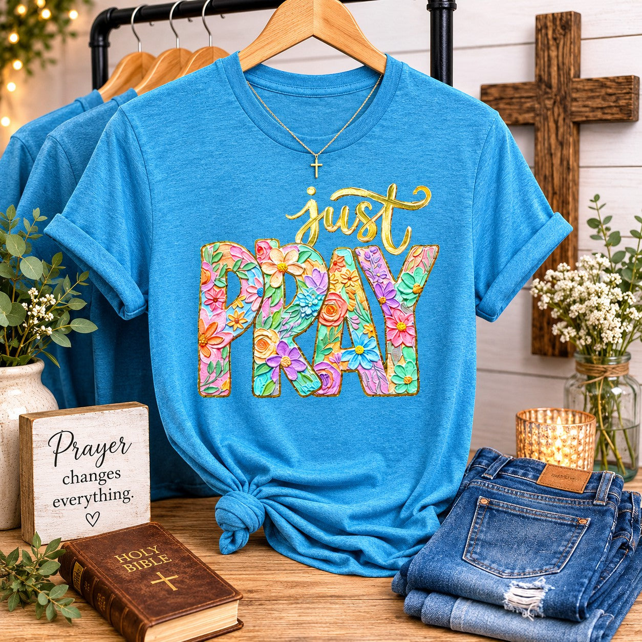 Tea Shirt Shoppe Wholesale blue 100% cotton graphic tee with "just PRAY" in colorful floral lettering.
