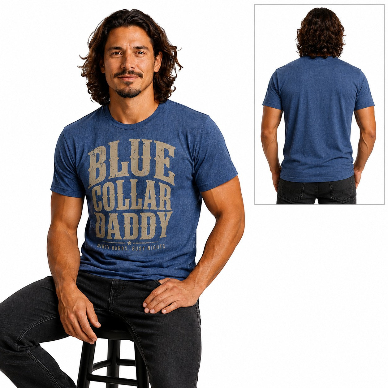 Tea Shirt Shoppe Wholesale blue graphic tee with Blue Collar Daddy text worn by a man on a stool.