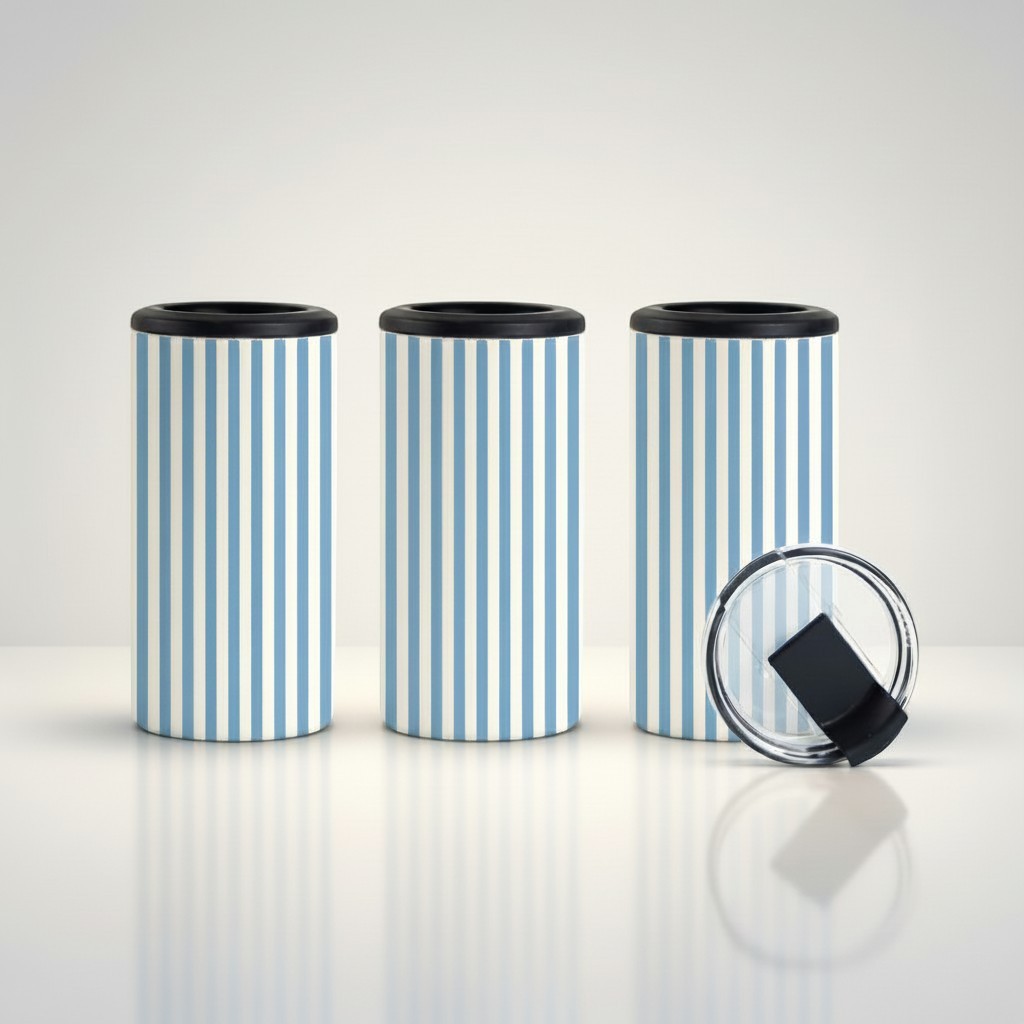 Tea Shirt Shoppe Wholesale 4-in-1 tumbler with blue and cream vertical pinstripe design. Fits 14oz, skinny cans, standard cans, and bottles.