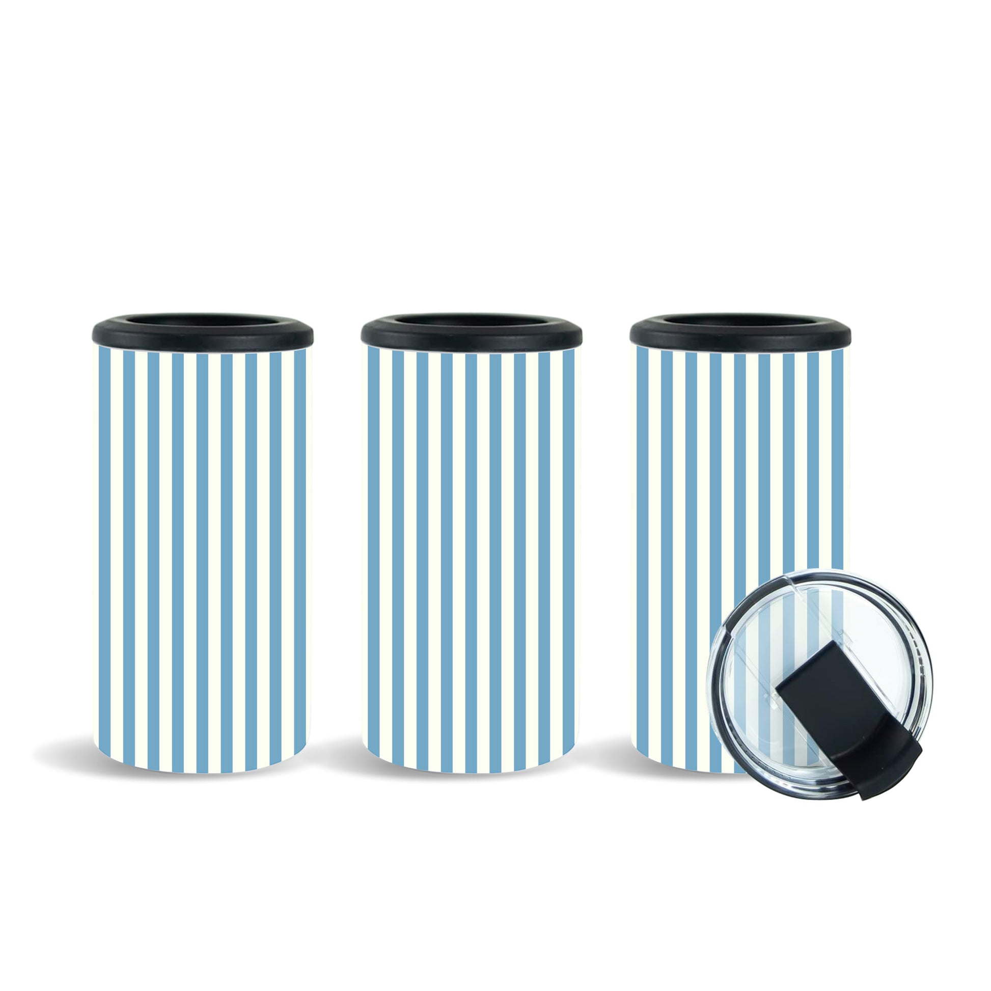 Tea Shirt Shoppe Wholesale 4-in-1 coastal blue and cream pinstripe tumbler. Fits 14oz, skinny cans, standard cans, and glass bottles.