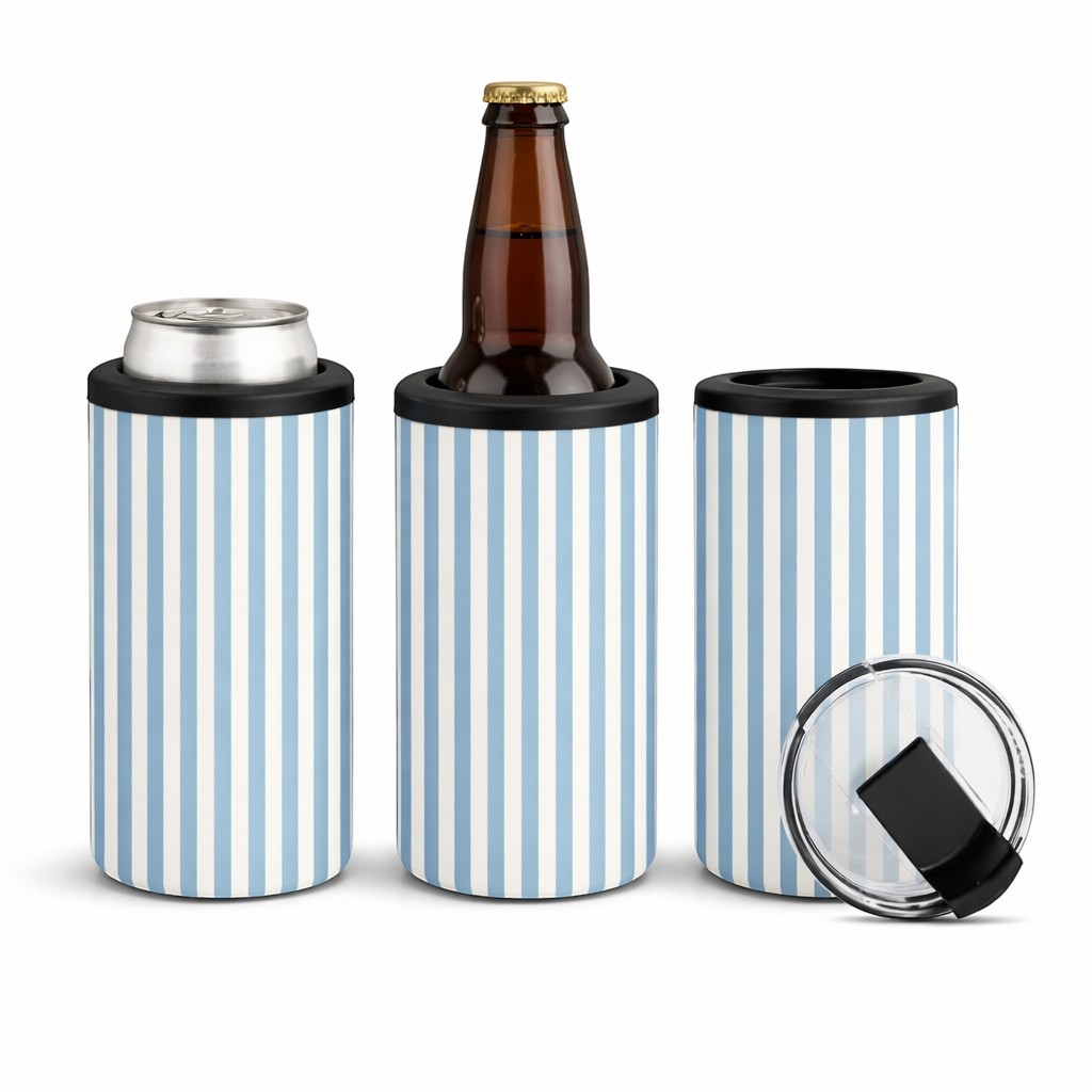 Tea Shirt Shoppe Wholesale 4-in-1 coastal blue and cream pinstripe tumbler can cooler. Fits 14oz, skinny cans, 12oz cans, and bottles.