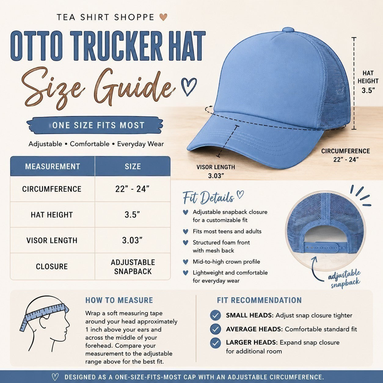 Tea Shirt Shoppe Wholesale light blue trucker hat with mesh back and adjustable snap closure. One size fits most.