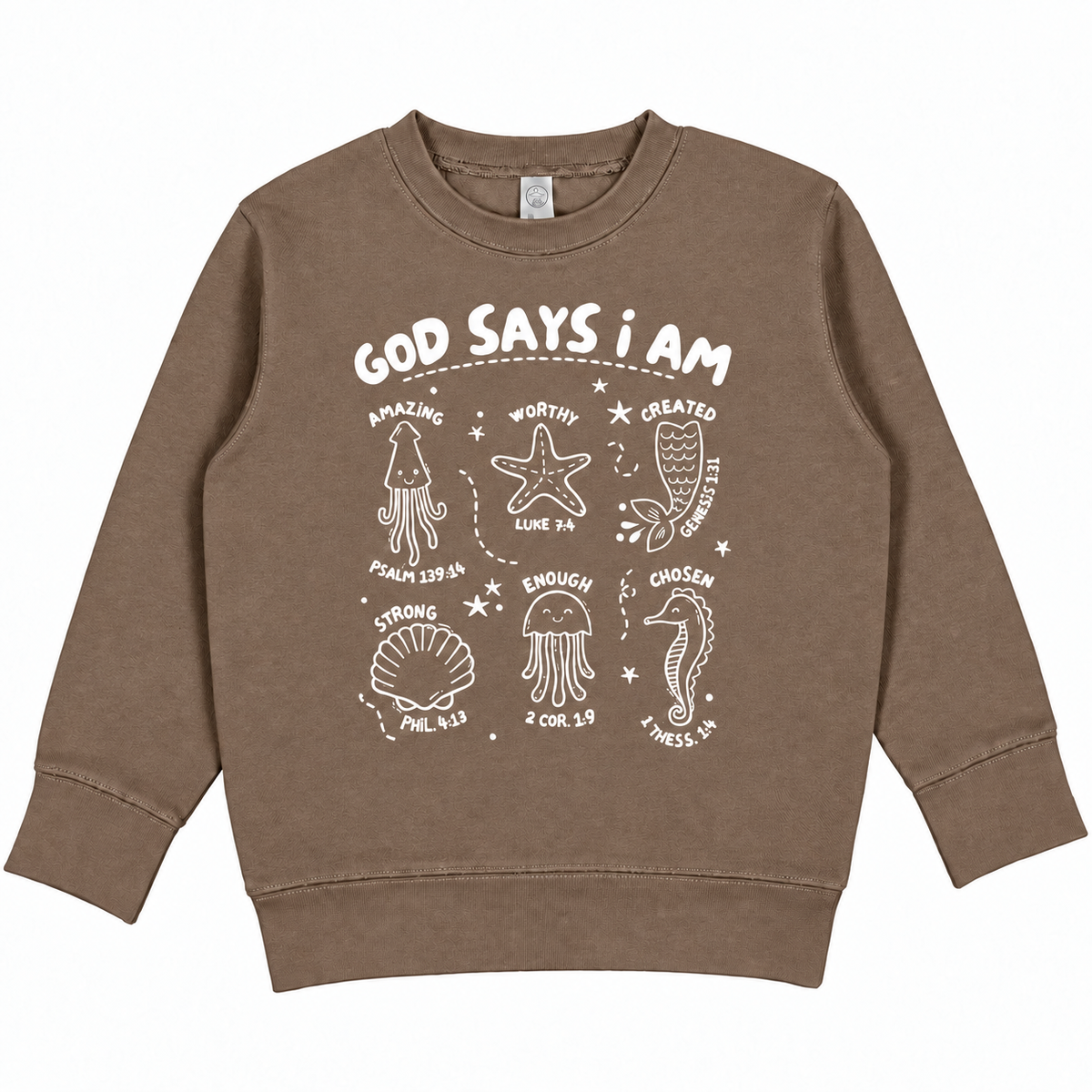 Tea Shirt Shoppe Wholesale brown toddler sweatshirt with white ocean creature illustrations and faith-based text.