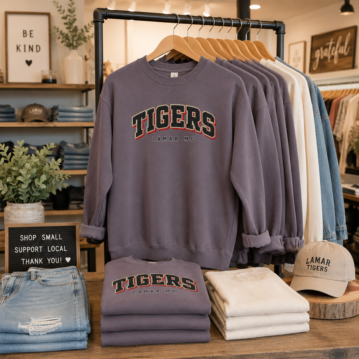 Tea Shirt Shoppe Wholesale charcoal crewneck sweatshirt with custom Tigers Lamar MO varsity graphic in a boutique.