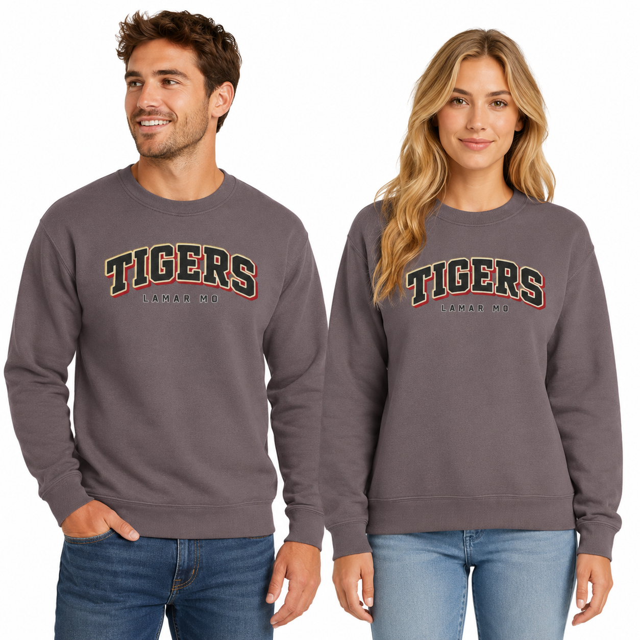 Tea Shirt Shoppe Wholesale charcoal crewneck sweatshirt with custom varsity Tigers graphic for school spirit wear.