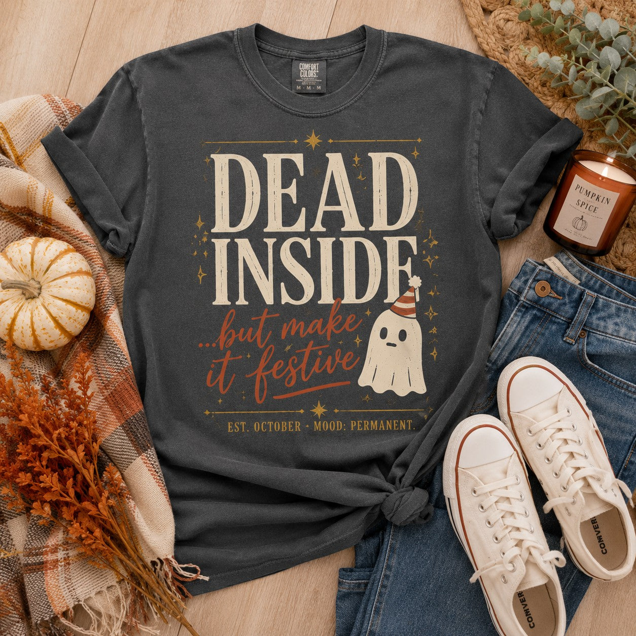 Tea Shirt Shoppe Wholesale charcoal Comfort Colors graphic tee featuring a festive ghost and Dead Inside text