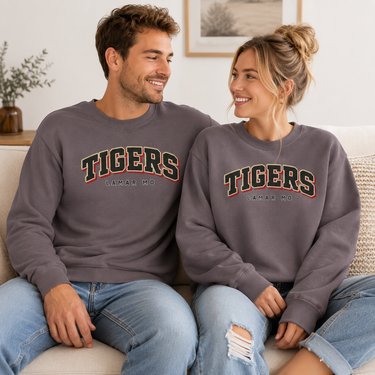 Tea Shirt Shoppe Wholesale charcoal grey unisex crewneck sweatshirts with custom varsity arch school graphic