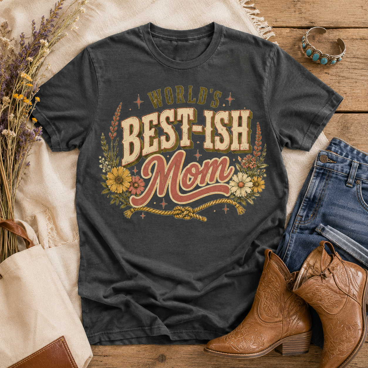 Tea Shirt Shoppe Wholesale charcoal graphic tee with Worlds Best-Ish Mom text and rustic floral design on wood table.