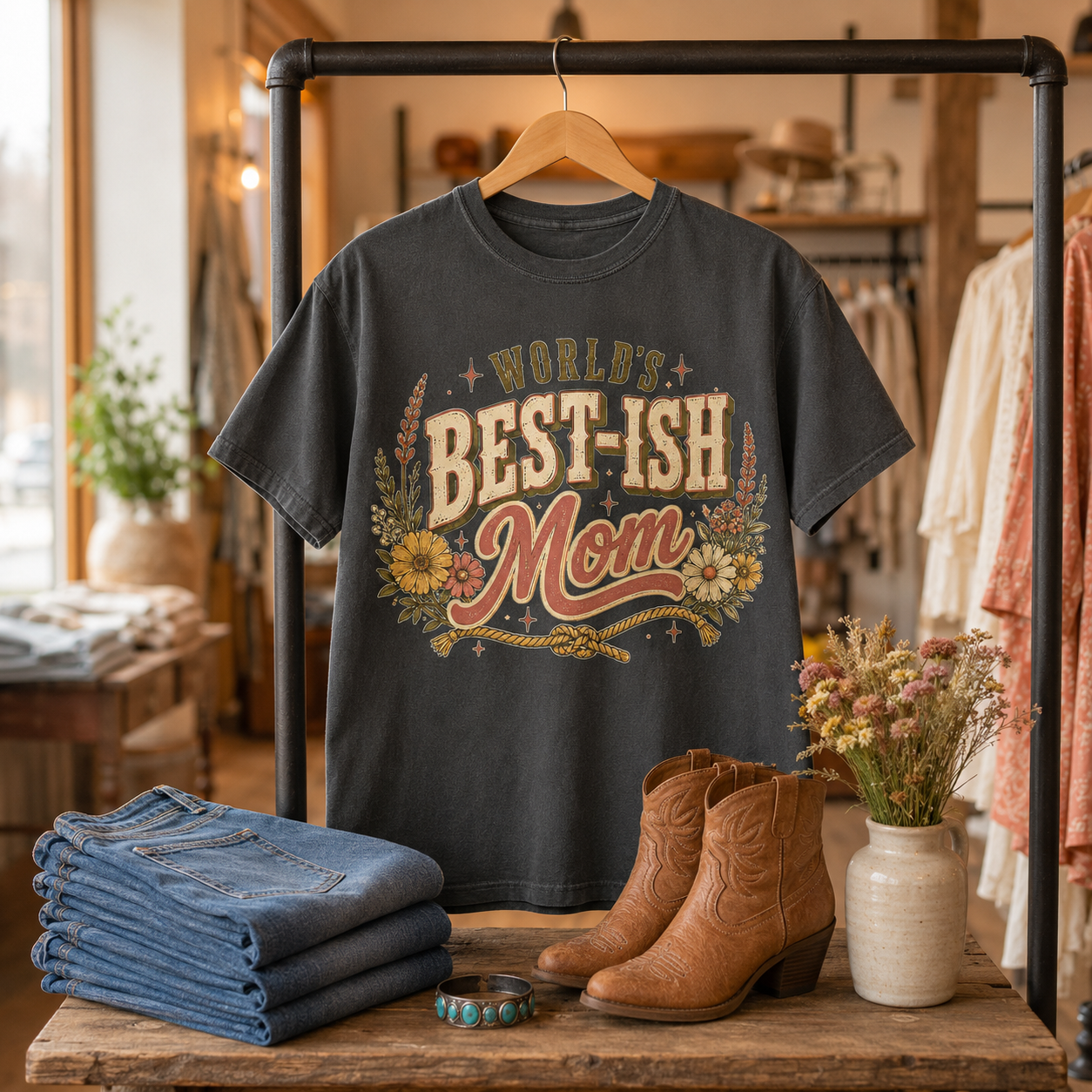 Tea Shirt Shoppe Wholesale charcoal graphic tee with vintage floral print, styled with denim and boots in a boutique.