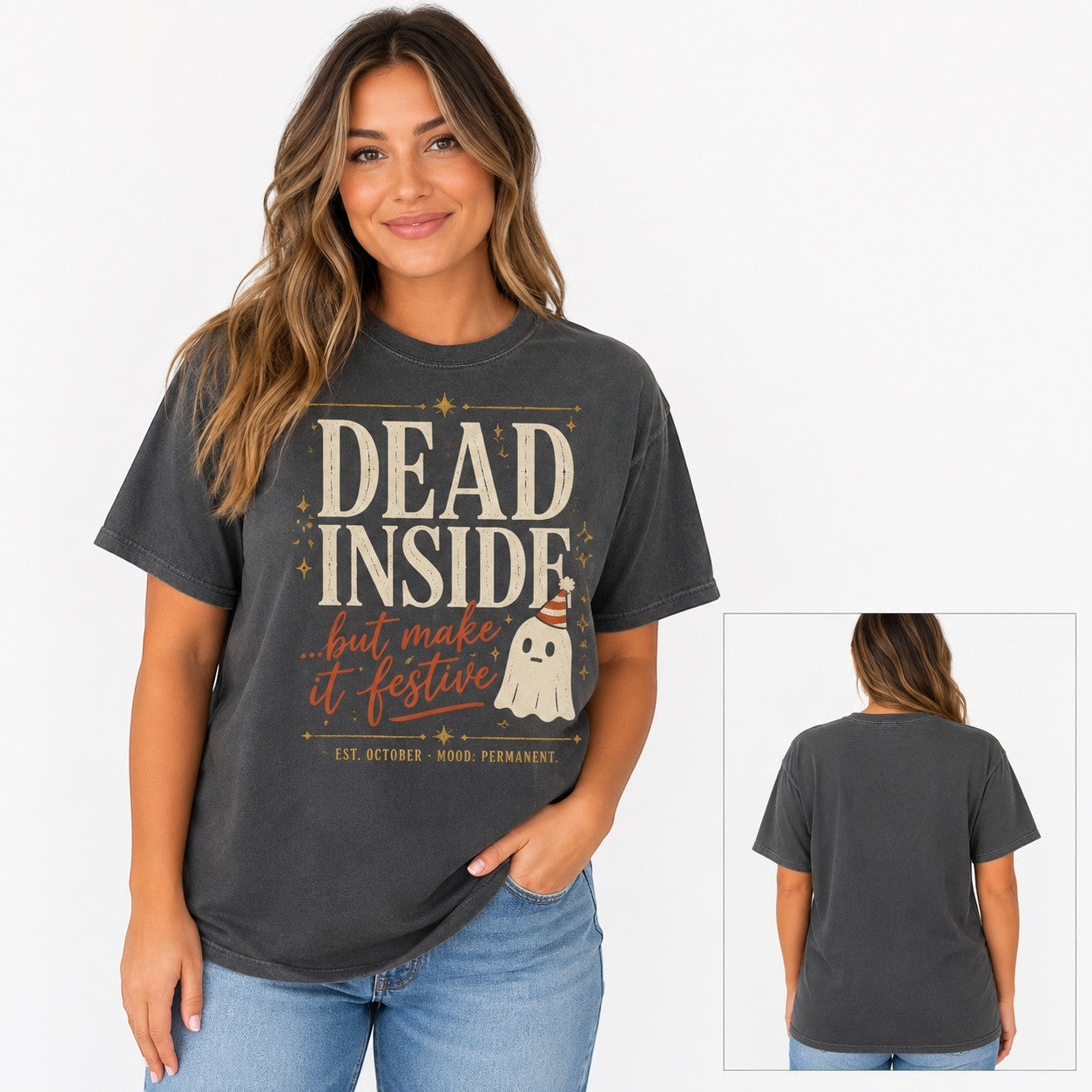 Tea Shirt Shoppe Wholesale charcoal Comfort Colors graphic tee with Dead Inside Halloween ghost design
