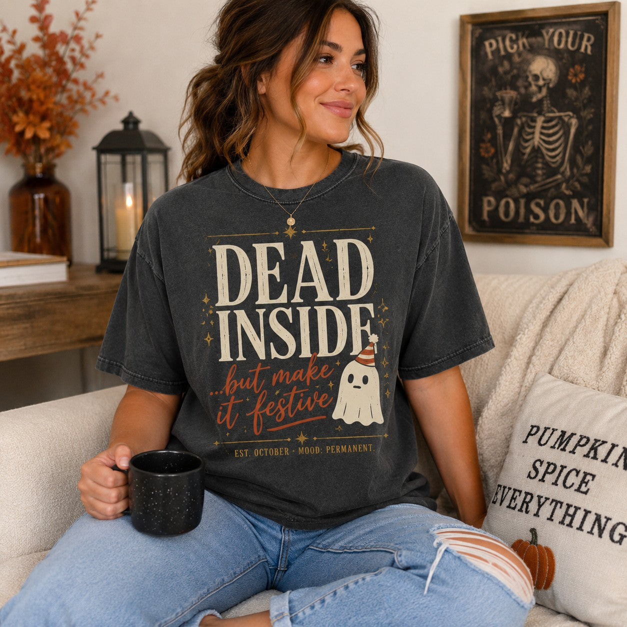 Tea Shirt Shoppe Wholesale Comfort Colors charcoal grey graphic tee with Dead Inside Halloween festive ghost print