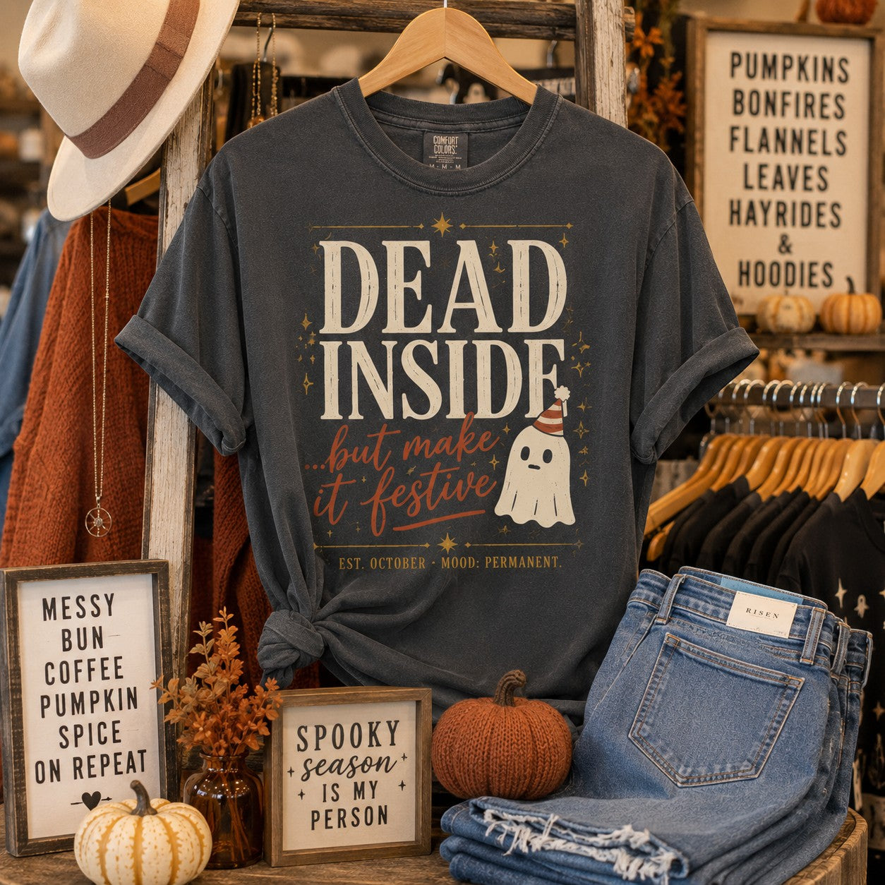 Tea Shirt Shoppe Wholesale charcoal Comfort Colors graphic tee with Dead Inside ghost design for Halloween
